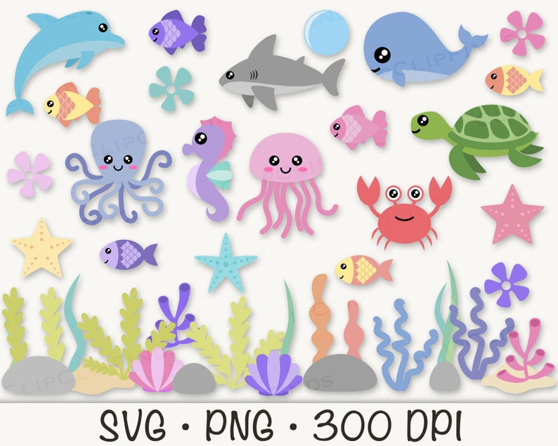 Cute Sea Animals SVG, Ocean Sea Animals PNG Clipart, Starfish, Whale, Octopus, Shark, Fish, Clam, Turtle, Seaweed, Sea Algae, Seahorse image 5