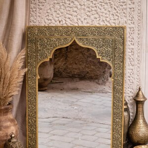 Handmade Moroccan Engraved Brass Mirror – Boho Wall Decor – Artisan Home Accent image 1