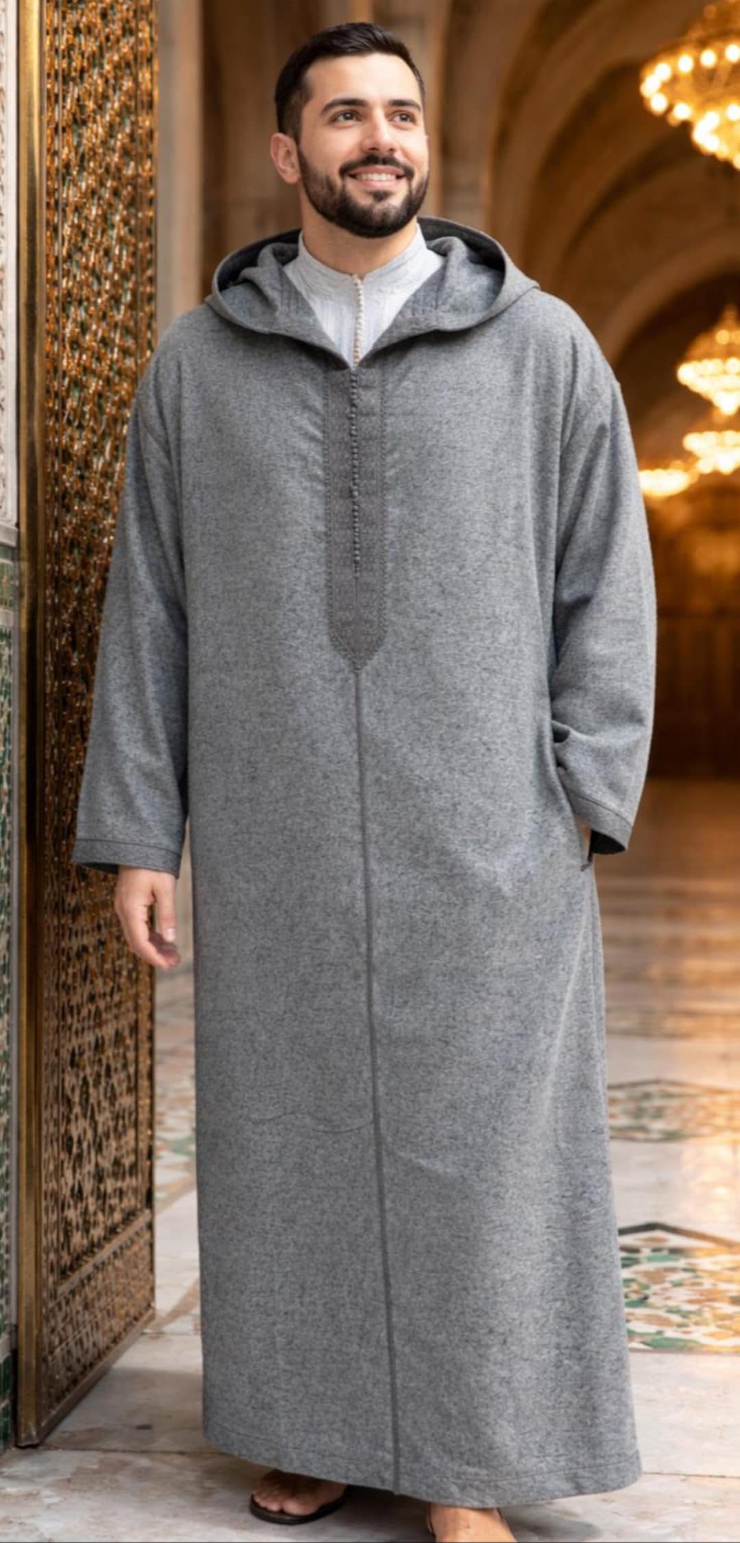 メキシコ産ファンク　EVOLUCION shaba daba Traditional Moroccan Men's Grey Djellaba – Hooded Long Robe for
