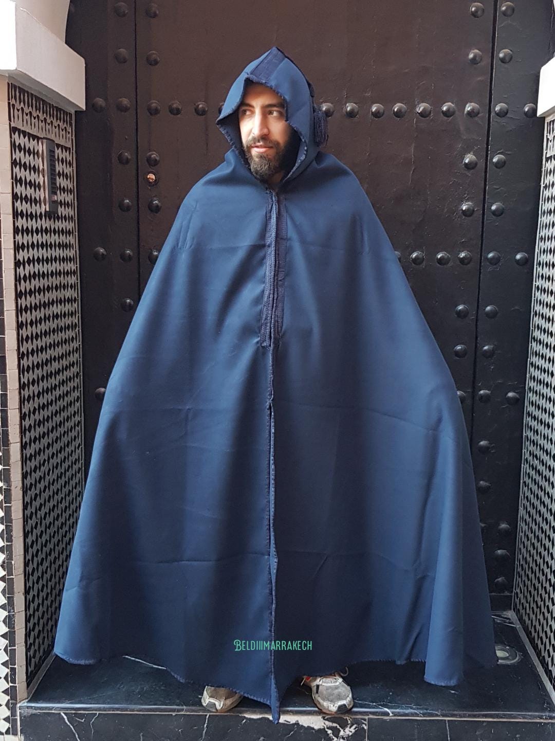 Handmade Moroccan Silham Burnous, Black Hooded Winter Cape