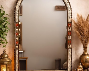 Handmade Moroccan Brass Mirror, Engraved Bone Inlay, Arabic Arch Boho Decor