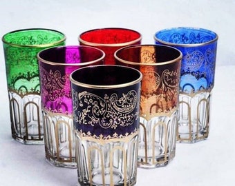 Ensemble de 6 verres à thé marocains, tasses de style artisanal multi-design, couleurs, verres à thé or et cobalt, verres à thé