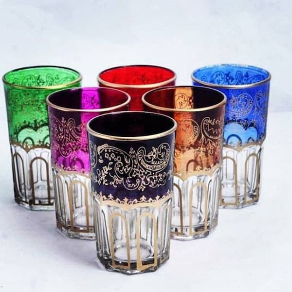 Ensemble de 6 verres à thé marocains, tasses de style artisanal multi-design, couleurs, verres à thé or et cobalt, verres à thé