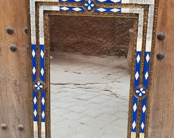 Handmade Moroccan Brass & Bone Mirror – Wood Frame Wall Decor – Moorish Boho Home Accent