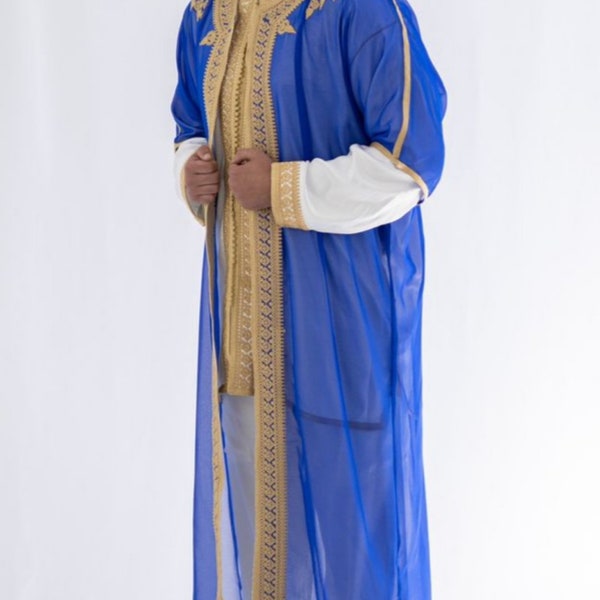 Wunderschöner marokkanischer Kaftan, blauer Baumwoll-Kaftan, langes Kleid für Männer, dreiteiliger Kaftan für Männer, marokkanischer Kaftan für Hochzeit, Geschenk für Männer