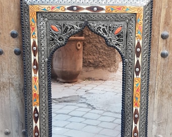 Moroccan Handcrafted Arch Mirror – Bone Inlay & Engraved Metal Frame | Moorish Wall Mirror