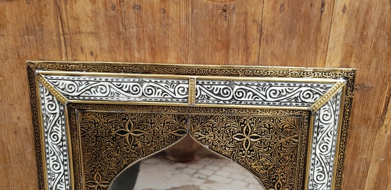 Handmade Moroccan Arch Mirror – Engraved Brass Frame, Elegant Wall Decor image 7