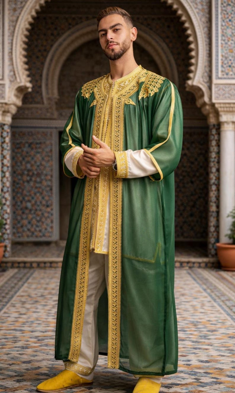 Handgefertigtes marokkanisches Jabador Set 3-teilig – Traditionelles Herren Hochzeits-, Eid Outfit green with Gold