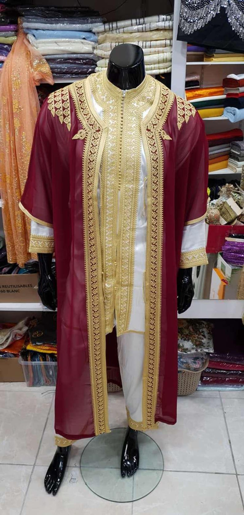 Completo Jabador marocchino a 3 pezzi – Abito tradizionale da uomo per matrimoni ed Eid – Mlifa, Chiffon red with Gold