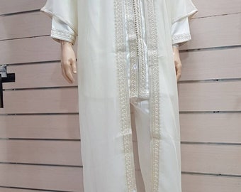 Beau caftan marocain, caftan en coton blanc, robe longue pour homme, caftan trois pièces pour homme, caftan marocain pour mariage