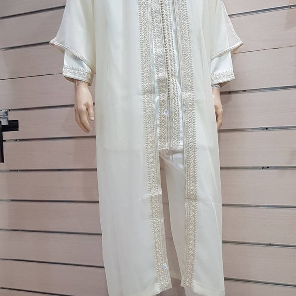 Beau caftan marocain, caftan en coton blanc, robe longue pour homme, caftan trois pièces pour homme, caftan marocain pour mariage