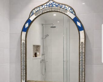 Handmade Moroccan Arched Mirror | Inlay & Brass Frame, Boho Decor