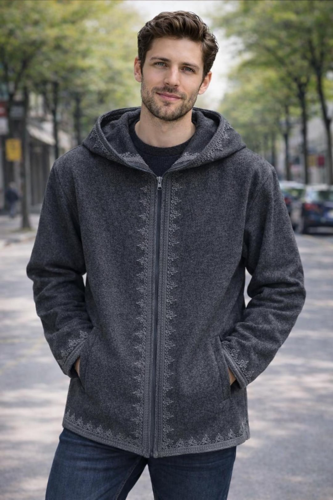 Men's Moroccan Hooded Jellaba Jacket – Grey Embroidered Zip Hoodie