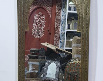 Handmade Engraved Brass Moroccan Mirror, Antique Wall Decor
