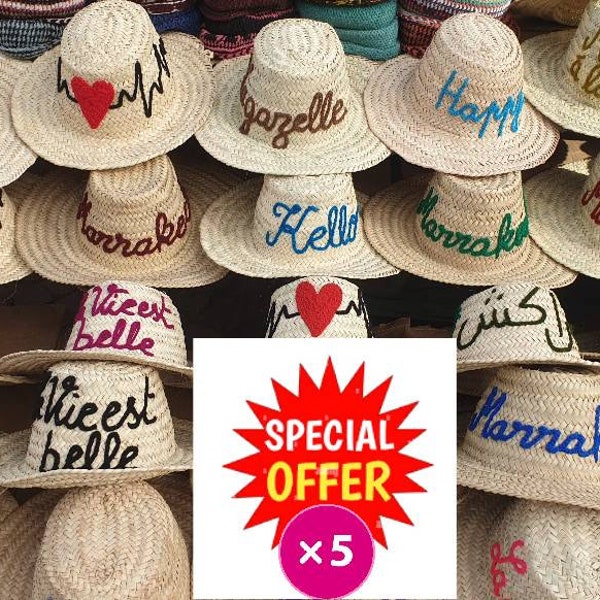 Lot 5 chapeaux de paille personnalisés pour femme, paille marocaine personnalisée, livraison gratuite