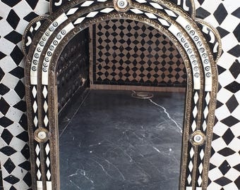 Handmade Moroccan Bone and Brass Arched Mirror, Boho Home Decor