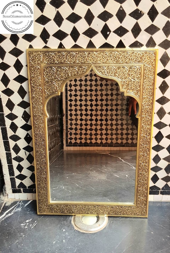 Handmade Moroccan Engraved Brass Mirror – Boho Wall Decor – Artisan Home Accent