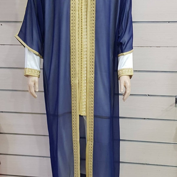 Beautiful Moroccan kaftan, blue cotton kaftan, long dress for men, 3 pieces kaftan for men, moroccan kaftan for wedding,gift for men