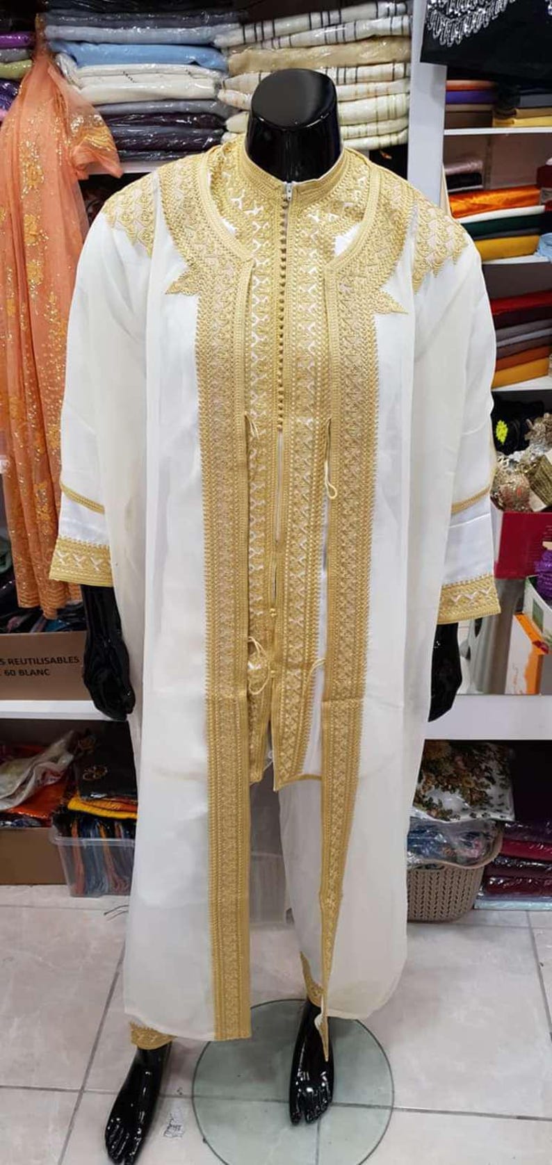 Completo Jabador marocchino a 3 pezzi – Abito tradizionale da uomo per matrimoni ed Eid – Mlifa, Chiffon White with Gold