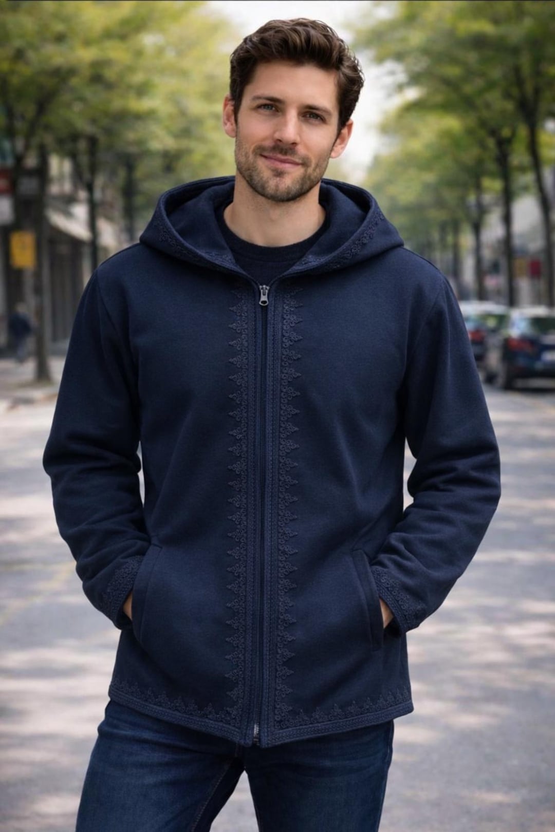 robe de chambre wool zip jacket 切替デザイン Men's Embroidered Moroccan Djellaba Jacket – Tunic Zip Hoodie