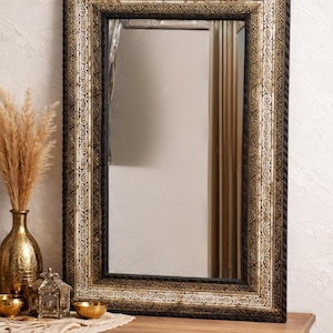 Handmade Moroccan Brass & Bone Wall Mirror – Large Rectangular Moorish Decor – Artisan Oriental Home Accent