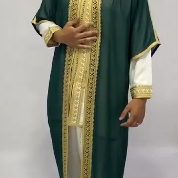 Beau caftan marocain, caftan en coton vert, robe longue pour homme, caftan trois pièces pour homme, caftan marocain pour mariage, cadeau pour homme