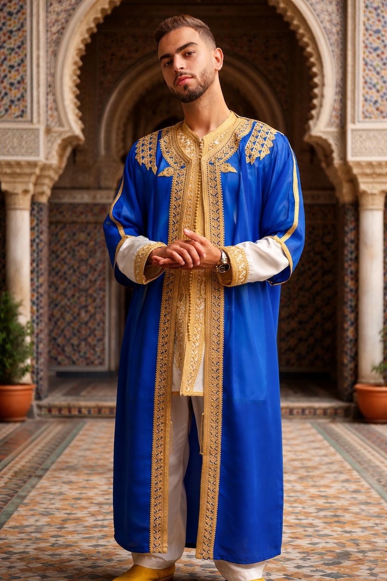 Handgefertigtes marokkanisches Jabador Set 3-teilig – Traditionelles Herren Hochzeits-, Eid Outfit blue royal with Gold