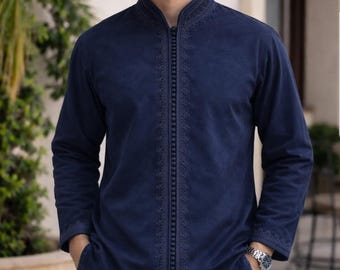 Men’s Navy Moroccan Jacket Tunic – Embroidered Traditional Outerwear – Elegant Caftan Style Top