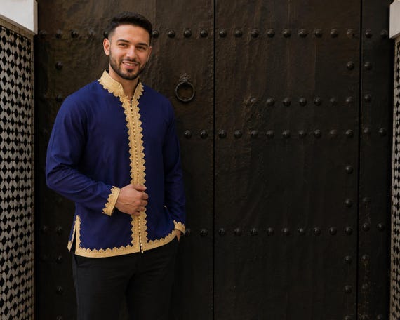 blue and gold dress shirt Men's Royal Moroccan Tunic | Embroidery Kaftan for Special Occasions Toe Type:Square