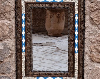 Miroir mural marocain en bois arqué fait main - Laiton et incrustation d'os - Décoration d'intérieur bohème mauresque