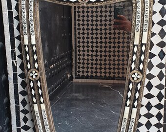Handmade Moroccan Bone and Brass Mirror, Moorish Boho Decor