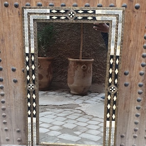 Handmade Moroccan Bone & Brass Wall Mirror – Black and White Bone Inlay – Rectangular Moorish Artisan Mirror