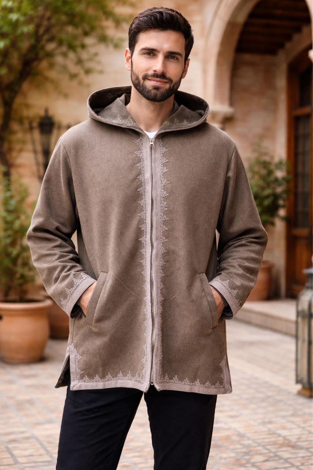 Handmade Moroccan Hooded Tunic, Wool Blend Djellaba Jacket