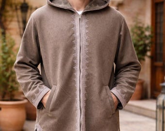 Handmade Moroccan Hooded Tunic, Wool Blend Djellaba Jacket, Embroidered Caftan Coat