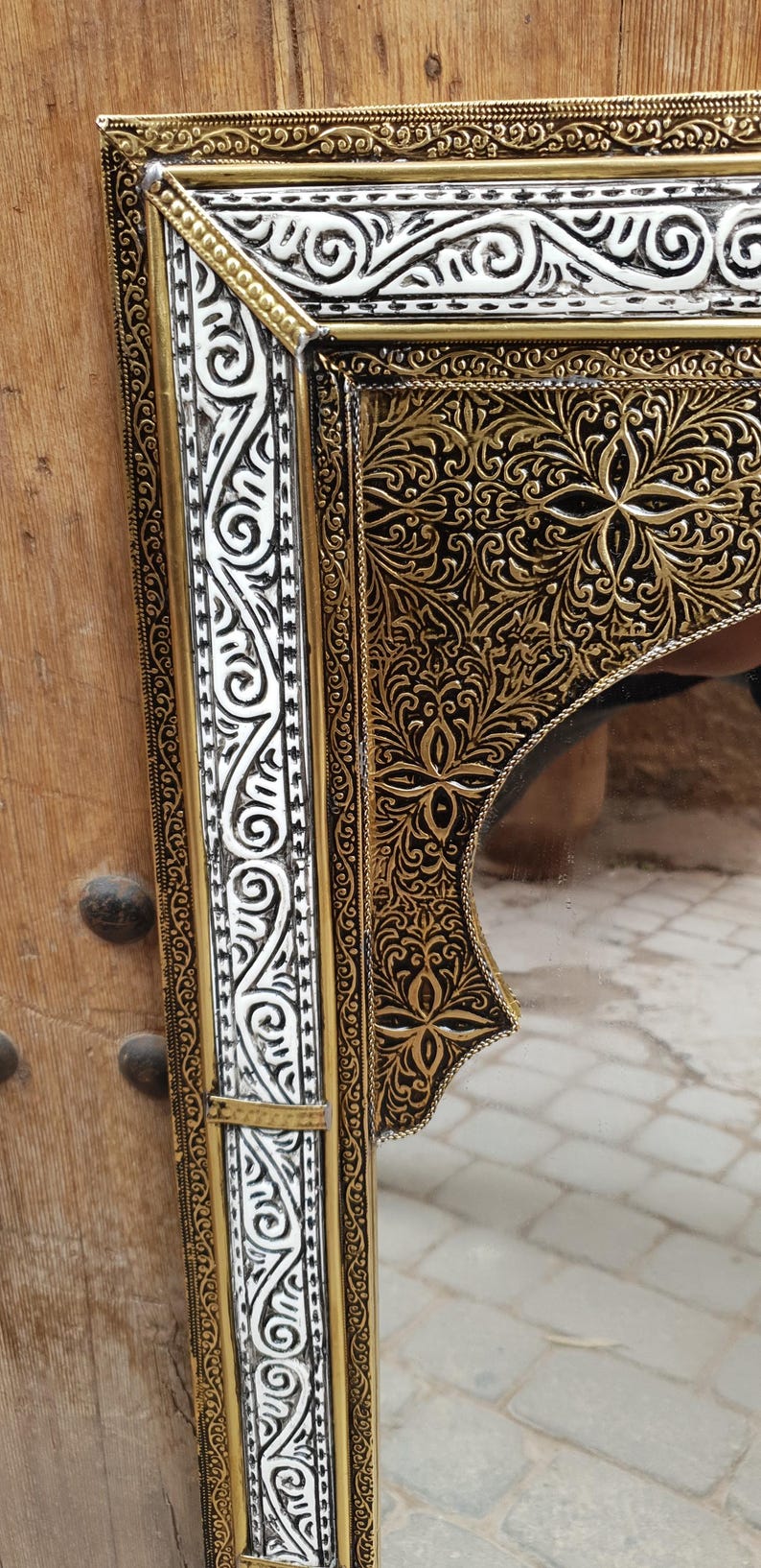Handmade Moroccan Arch Mirror – Engraved Brass Frame, Elegant Wall Decor image 8