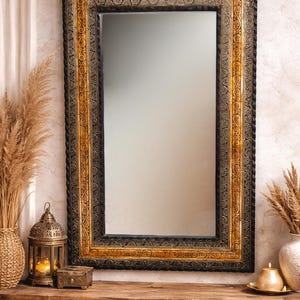 Handmade Moroccan Brass & Bone Wall Mirror – Large Rectangular Moorish Decor – Artisan Oriental Home Accent