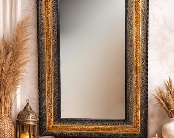 Handmade Moroccan Brass & Bone Wall Mirror – Large Rectangular Moorish Decor – Artisan Oriental Home Accent