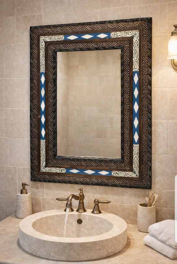 Cadre Miroir Rond Incrustation Os Fait Main - Décoration Murale Bois Moderne 18 Pouces