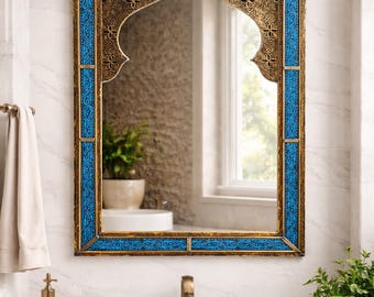 Handcrafted Moroccan Brass Mirror, Moorish Arch, Oriental Decor