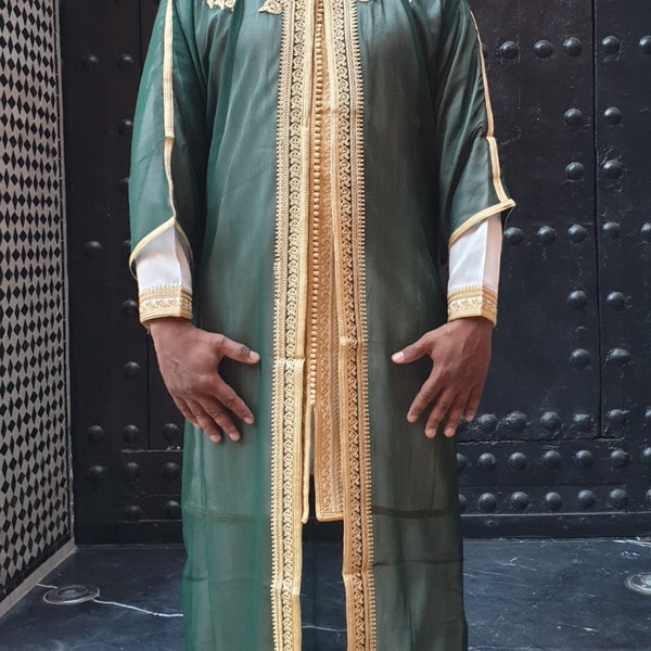 Beautiful Moroccan kaftan, green cotton kaftan, long dress for men, three pieces kaftan for men, moroccan kaftan for wedding,Nikah,Eid