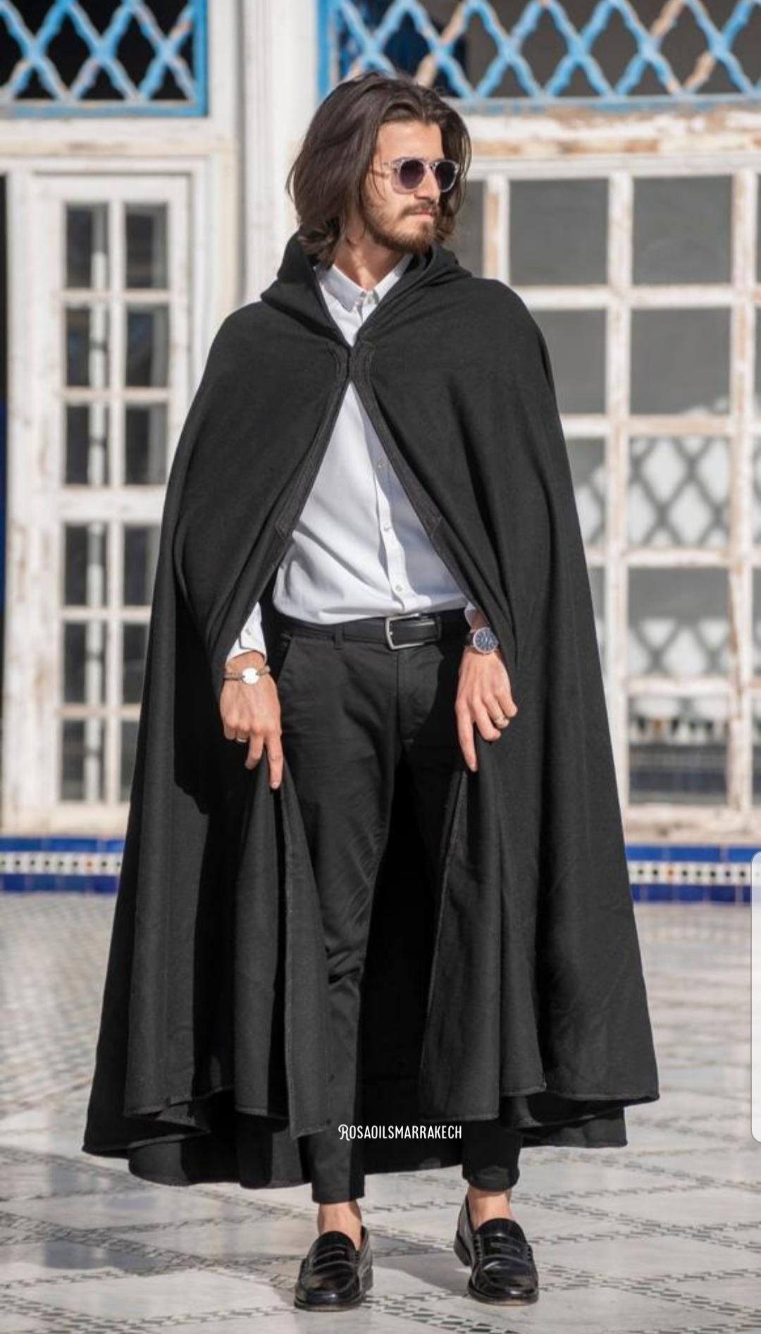 Handmade Moroccan Silham Burnous, Black Hooded Winter Cape