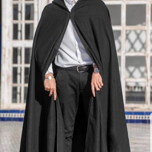 Handmade Moroccan Silham Burnous, Black Hooded Winter Cape, Traditional Outerwear