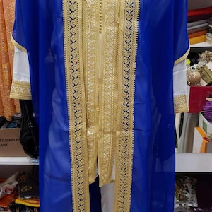 Completo Jabador marocchino a 3 pezzi – Abito tradizionale da uomo per matrimoni ed Eid – Mlifa, Chiffon Royal blue with Gold