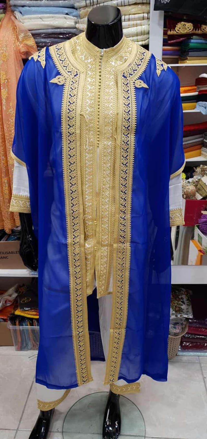 Completo Jabador marocchino a 3 pezzi – Abito tradizionale da uomo per matrimoni ed Eid – Mlifa, Chiffon Royal blue with Gold