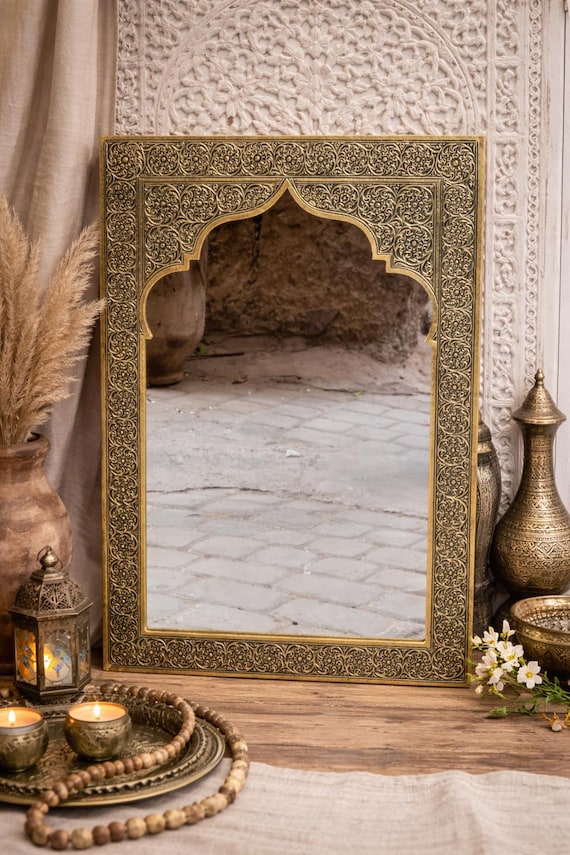 Handmade Moroccan Engraved Brass Mirror – Boho Wall Decor – Artisan Home Accent