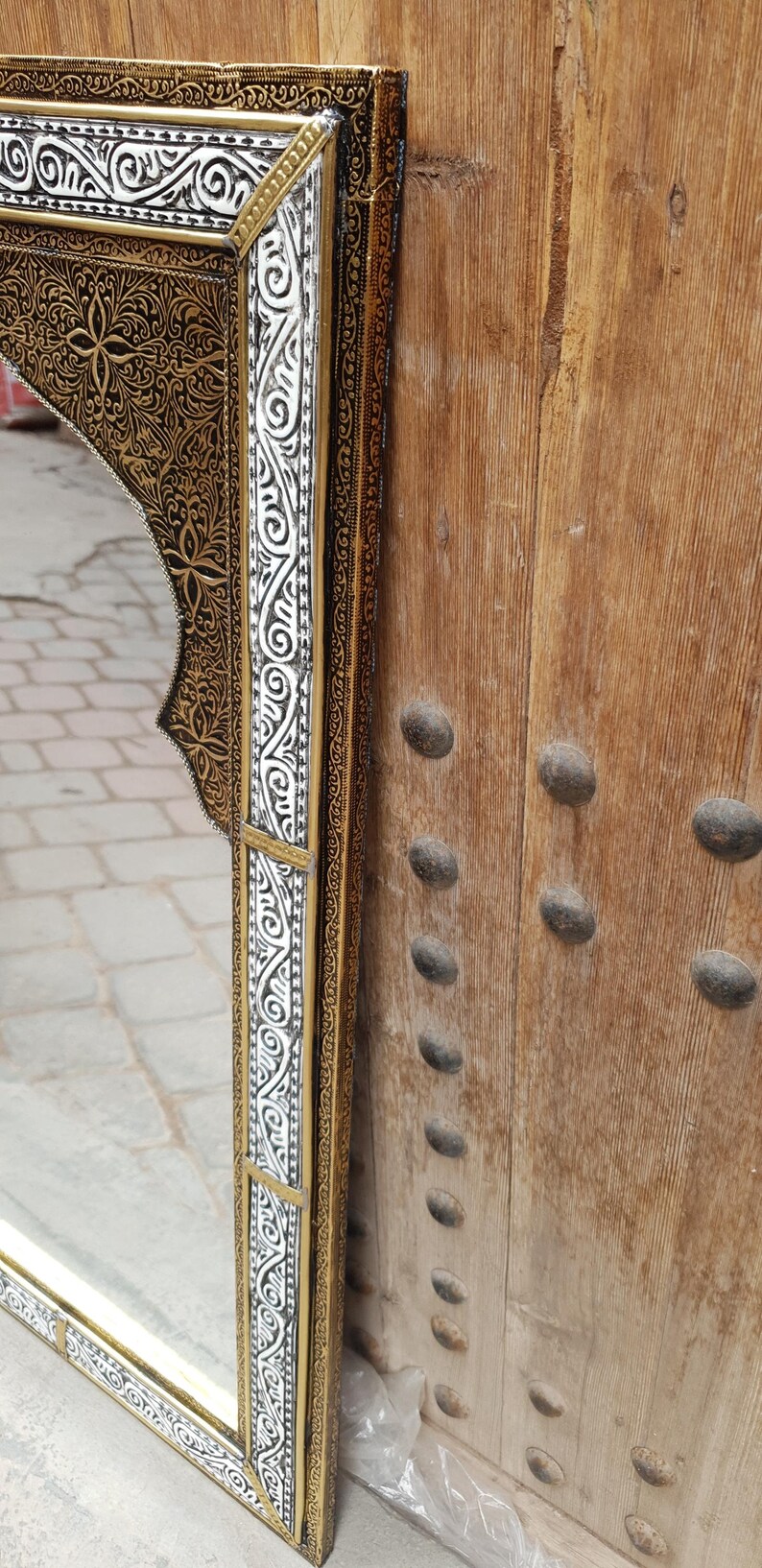 Handmade Moroccan Arch Mirror – Engraved Brass Frame, Elegant Wall Decor image 11