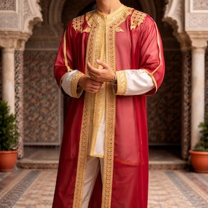 Handgefertigtes marokkanisches Jabador Set 3-teilig – Traditionelles Herren Hochzeits-, Eid Outfit red with Gold