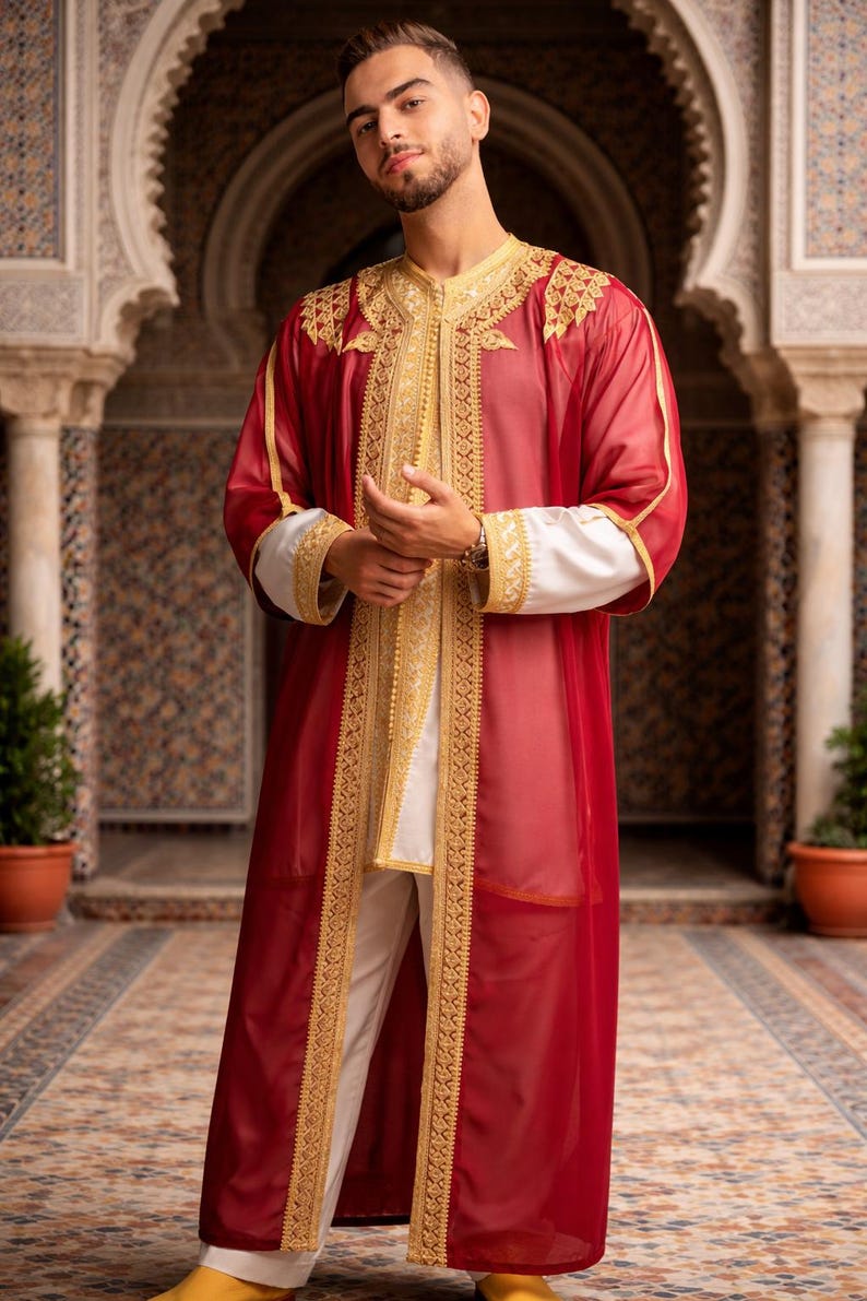 Handgefertigtes marokkanisches Jabador Set 3-teilig – Traditionelles Herren Hochzeits-, Eid Outfit red with Gold