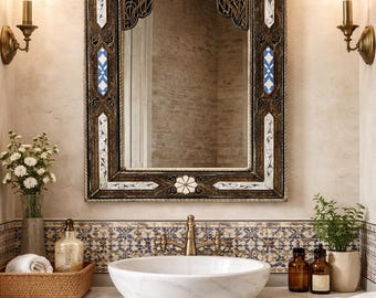 Handmade Moroccan Brass Mirror, Ornate Vintage Boho Wall Decor