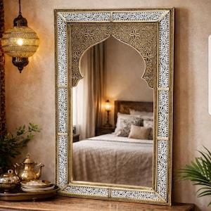 Handmade Moroccan Arch Mirror – Engraved Brass Frame, Elegant Wall Decor image 2